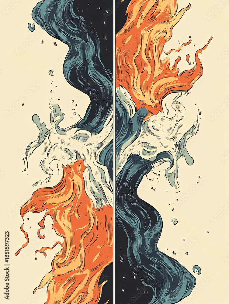 abstract vertical illustration of intertwined fire and water elements with flowing motion and high contrast, stylized energy concept showing duality and fluid textures in dynamic graphic art