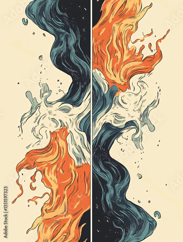 Obraz na płótnie abstract vertical illustration of intertwined fire and water elements with flowing motion and high contrast, stylized energy concept showing duality and fluid textures in dynamic graphic art
w salonie