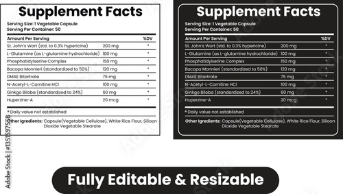 Supplement facts and vitamin facts template ,nutrition facts template