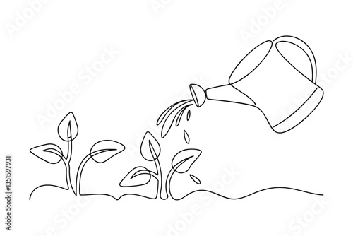 Watering Can Nourishing Young Plants Continuous Line Art Drawing