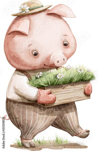 Cute cartoon little mole character animal in clothes cutting bush with scissors isolated on white background. Watercolor hand drawn illustration sketch vector