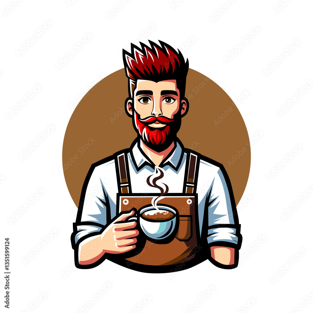 Happy barista holding a cup of coffee with a red beard Happy barista holding a cup of coffee with a red beard