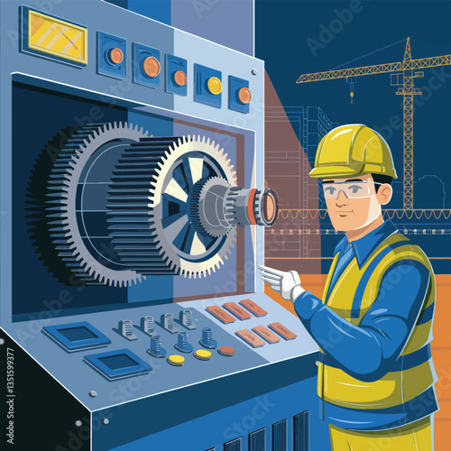 2d vector illustration colorful machine , worker and Industry and its development technology, factories and production lines icon

