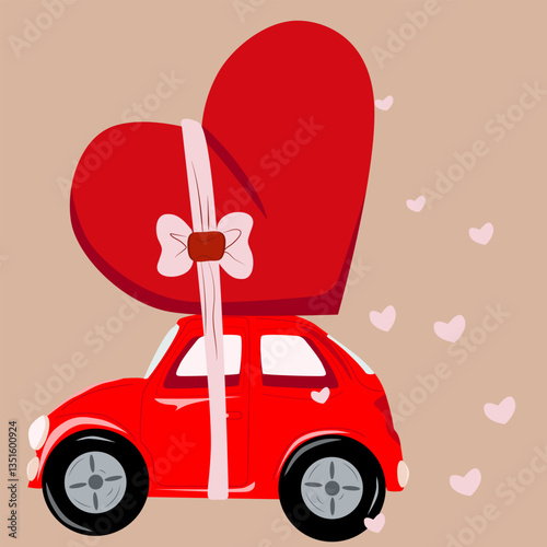 A small red car carries a big heart for lovers on its roof. Picture illustration of a code for all lovers. Greeting card for a wedding, sticker cover