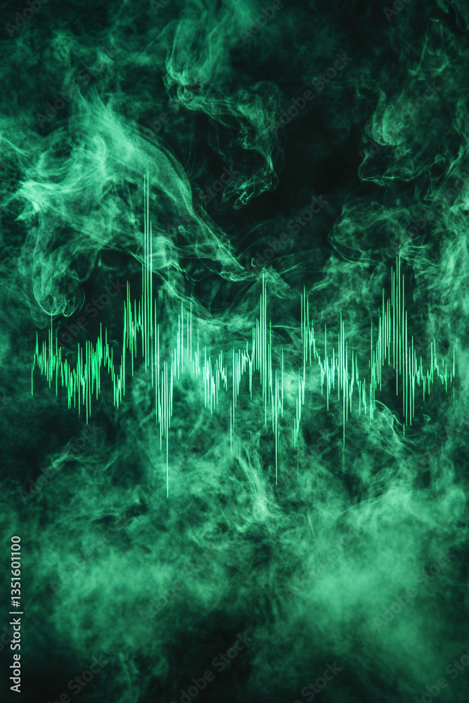 green soundwave visualized through fog or smoke with glowing waveform on dark background, abstract audio signal concept combining technology and atmospheric visual effects