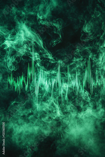 Obraz na płótnie green soundwave visualized through fog or smoke with glowing waveform on dark background, abstract audio signal concept combining technology and atmospheric visual effects
w salonie