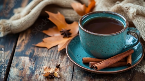 A warm cup of coffee or tea with cinnamon sticks on a wooden table.