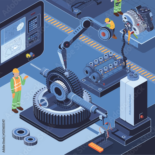 2d vector illustration colorful machine , worker and Industry and its development technology, factories and production lines icon
