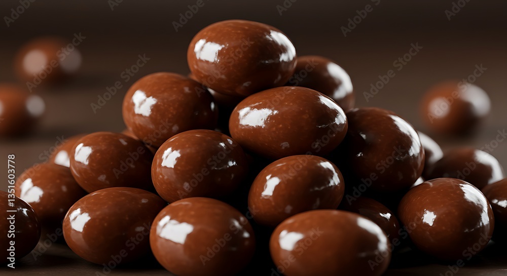 A pile of shiny chocolate-covered almonds with a rich brown color. A pile of shiny chocolate-covered almonds with a rich brown color.