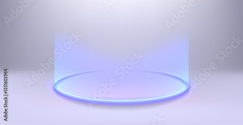 Glowing neon circle pedestal. Futuristic cosmetic product stand. Magic portal. Round teleport podium.