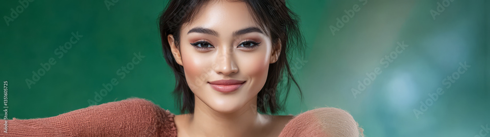Model posing with a confident smile against a green background in a studio setting Model posing with a confident smile against a green background in a studio setting