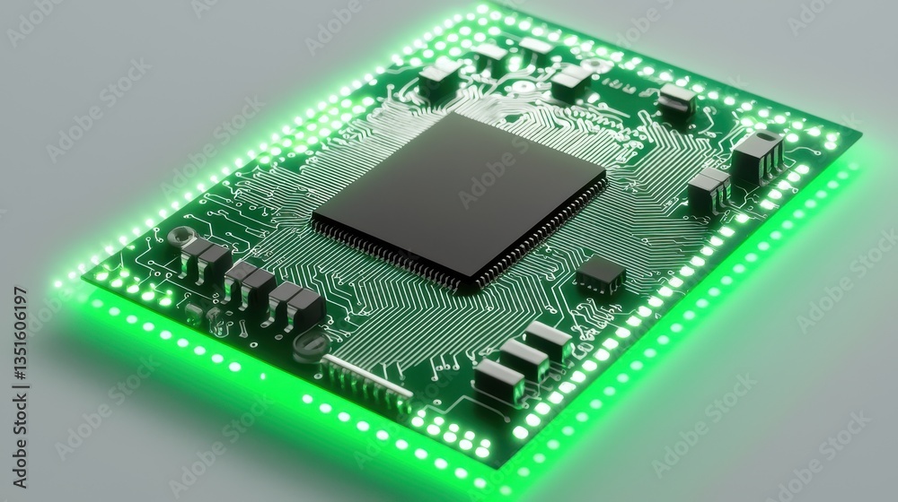 Close-Up View of a Green Illuminated Circuit Board with Transistors and Microprocessor for Technology Background