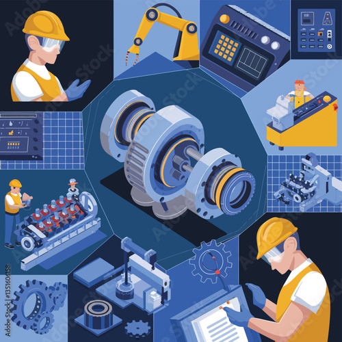2d vector illustration colorful machine , worker and Industry and its development technology, factories and production lines icon

