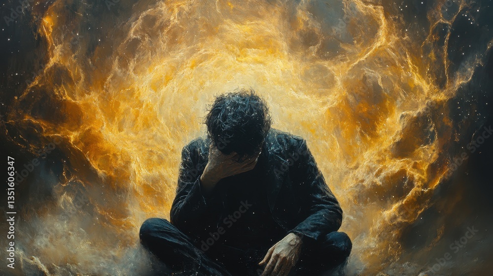 Fototapeta premium A troubled figure contemplates something amid swirling cosmic energy