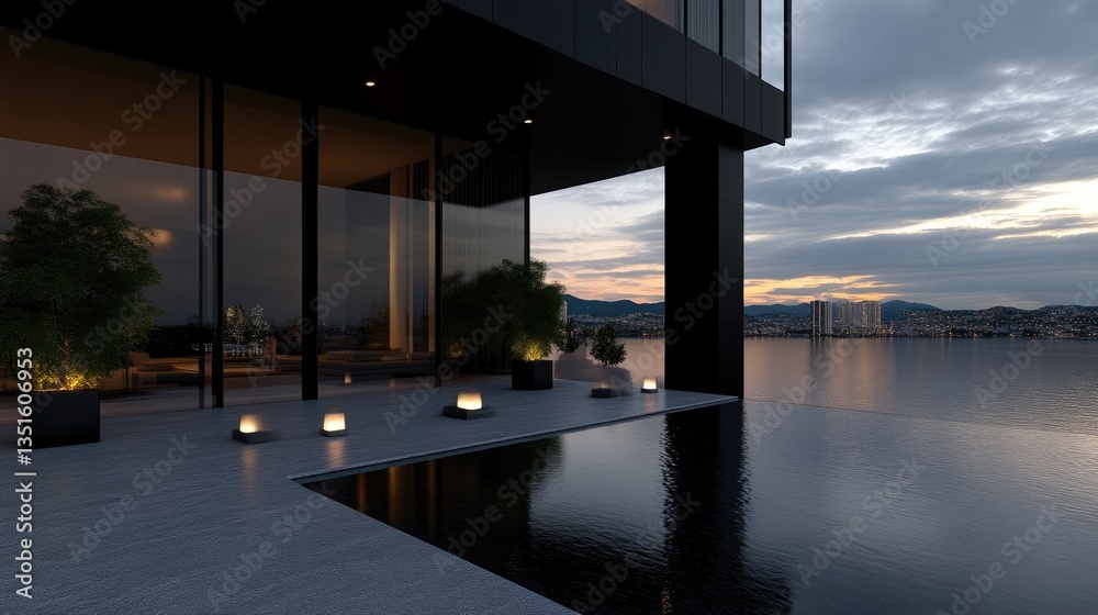 Fototapeta premium Modern penthouse rooftop infinity pool overlooking city and water at sunset. Elegant, minimalist design with large windows, and decorative plants