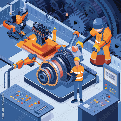 2d vector illustration colorful machine , worker and Industry and its development technology, factories and production lines icon
