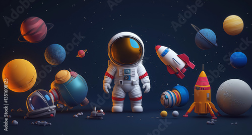 Space objects 3d render icon set. Astronaut, planets, rocket, alien ufo spaceship, telescope, satellite and meteor with fire in night sky background. Isolated cartoon cosmic elements. 3D illustration