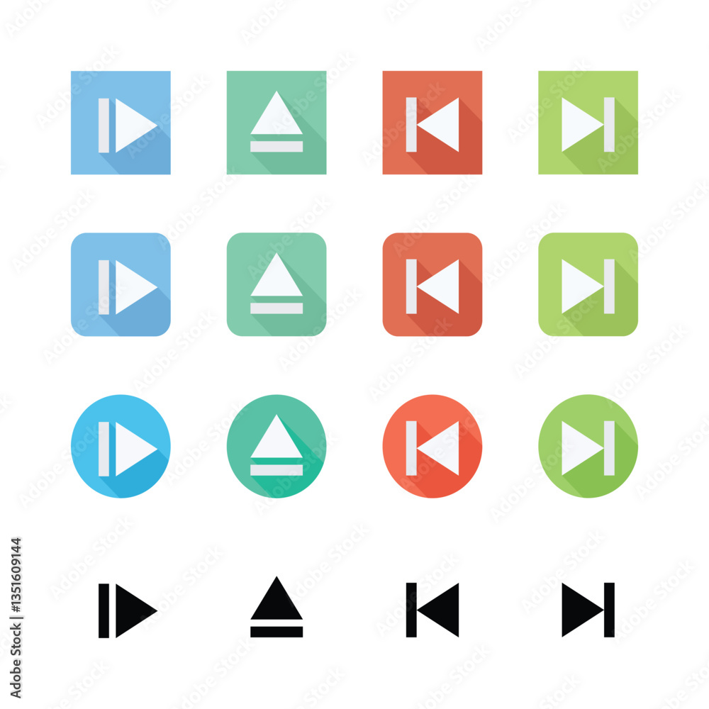 Flat design icons, media player controls, colorful squares and circles, minimalist symbols, skip forward, skip backward, play, eject buttons, blue, green, orange, and lime colors, long shadow effect, Flat design icons, media player controls, colorful squares and circles, minimalist symbols, skip forward, skip backward, play, eject buttons, blue, green, orange, and lime colors, long shadow effect,