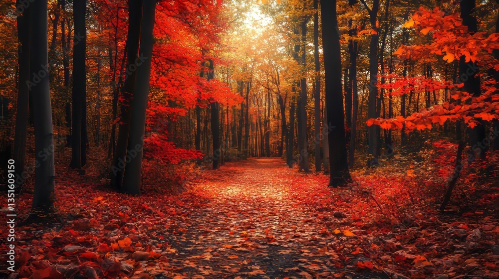 Fototapeta premium A breathtaking autumn forest with vibrant red, orange, and yellow leaves.
