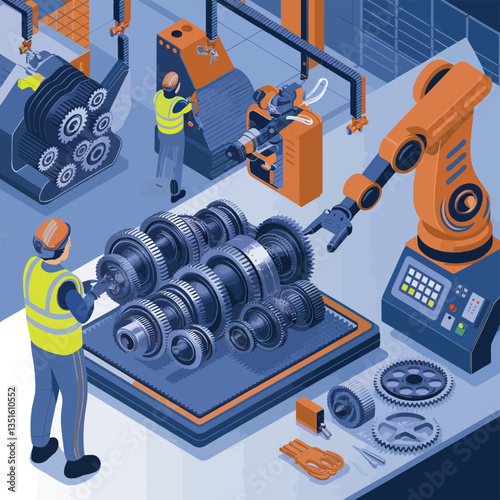 2d vector illustration colorful machine , worker and Industry and its development technology, factories and production lines icon

