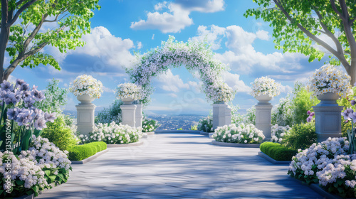 Obraz na płótnie Beautiful floral wedding arch, perfect for romantic beach ceremonies. Ideal for celebrations and events. w salonie