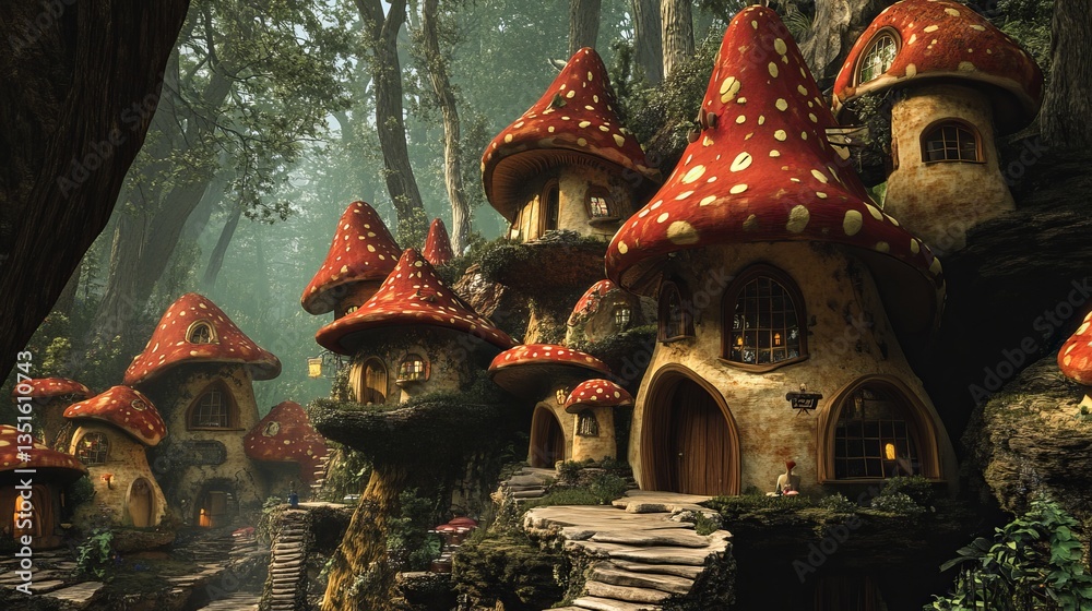 Fototapeta premium A fairy-tale village with mushroom-shaped houses.