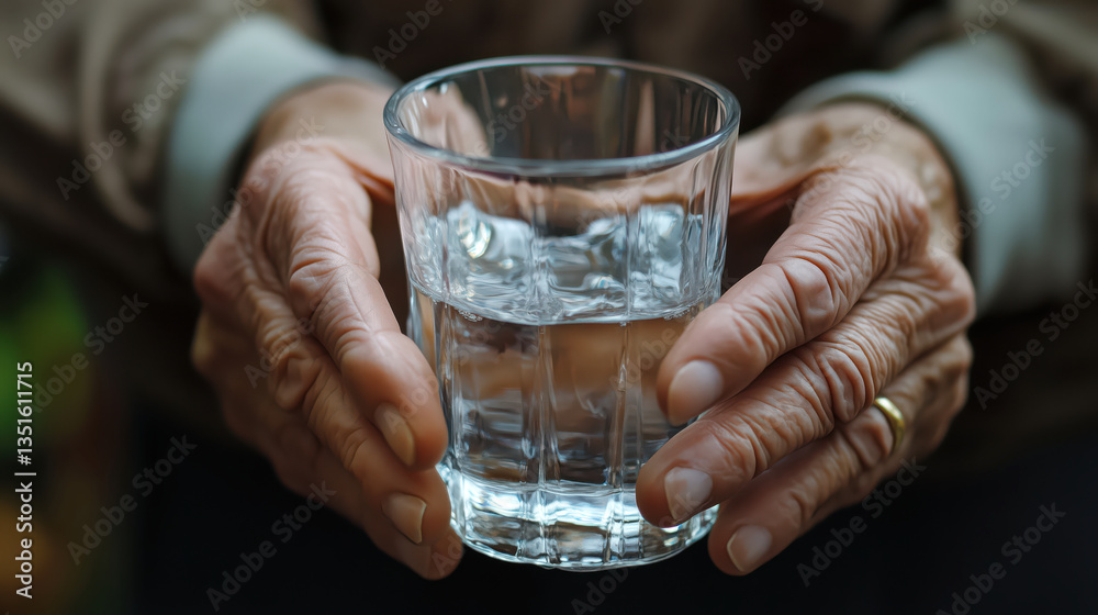 Old man's holding a glass of water in trembling hands close-up