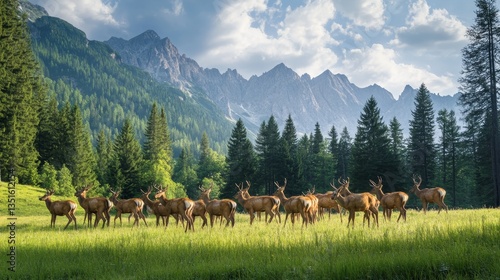 A herd of wild deer grazing in a mountain meadow.