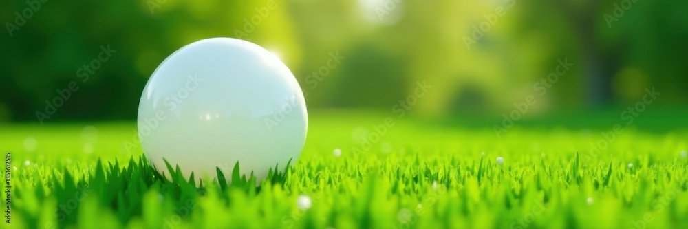 White inflatable ball rests on vibrant green grass, toy, white, lawn White inflatable ball rests on vibrant green grass, toy, white, lawn