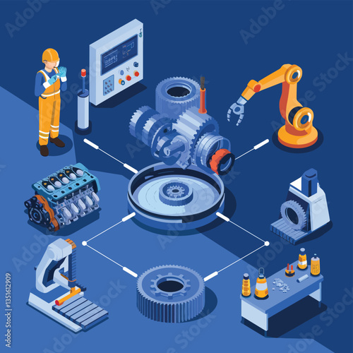 2d vector illustration colorful machine , worker and Industry and its development technology, factories and production lines icon
