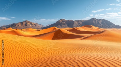 Desert landscape, dunes, mountains, bright sky, panoramic view, ideal for travel, adventure, and nature backgrounds