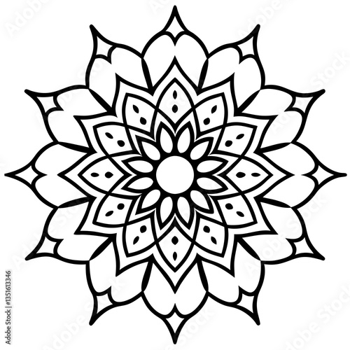 Floral Mandala: A stunning black and white mandala design of intricate, floral details radiating outwards in perfect symmetry. Evoking a sense of peace and spiritual awareness.