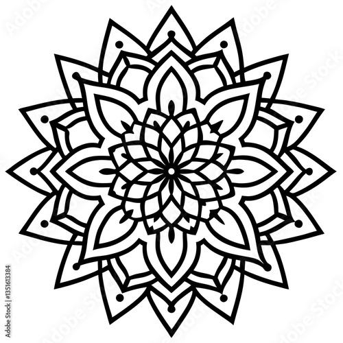 Mandala of Symmetry: A detailed black and white mandala, intricate floral patterns radiating outwards in perfect symmetry. evoking a sense of inner peace and balance.