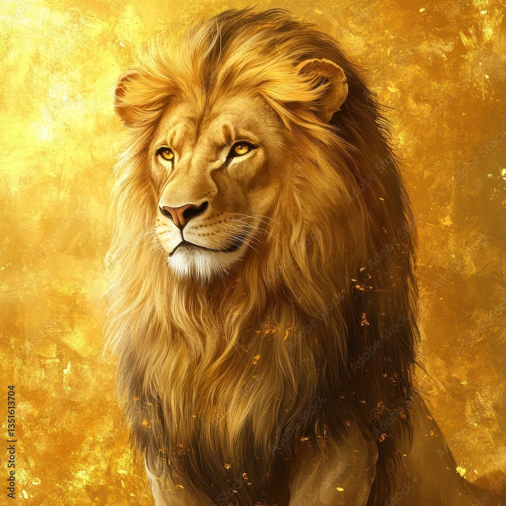 Naklejka premium A majestic lion with a golden mane gazes thoughtfully ahead
