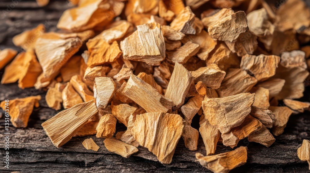 Dried, orange-brown chunks on dark wood Dried, orange-brown chunks on dark wood