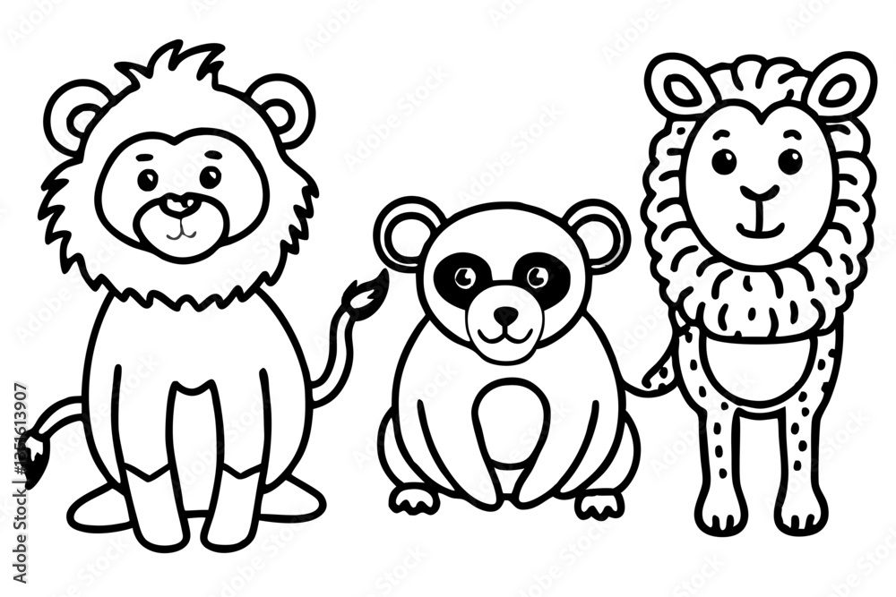 Fototapeta premium Cartoon Animals Trio: A charming collection of cartoon animal illustrations, featuring a regal lion, a playful lemur, and a friendly lion, perfect for adding a touch of fun and whimsy.
