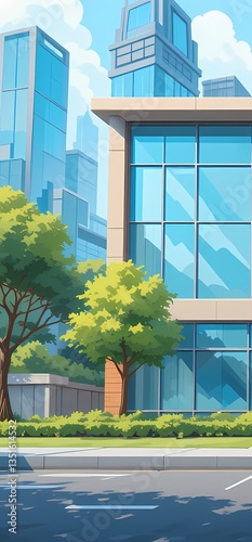 Cartoon city street scene with modern buildings and trees