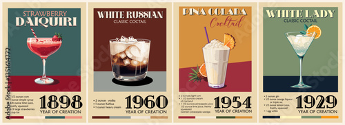 Set of cocktail posters in retro Mid century modern style. White Russian, Daiquiri, Pina Colada, White Lady popular alcohol drinks with recipe. Colorful vector art illustrations
