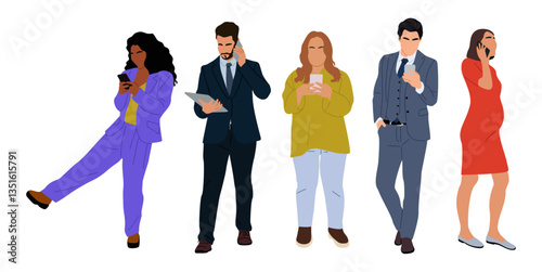 Set of different people using gadgets. Business men and women holding smartphones and tablet, texting, talking, watching news. Group of male, female cartoon characters Vector realistic illustrations.