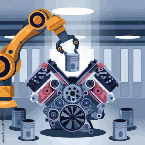 2d vector illustration colorful machine , worker and Industry and its development technology, factories and production lines icon

