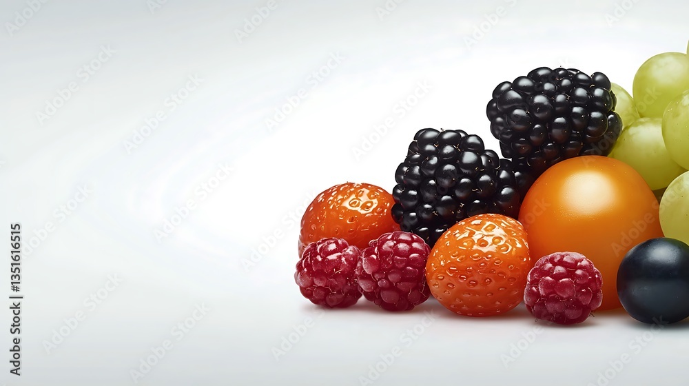 A vibrant collection of fresh berries and grapes, artfully arranged against a clean white backdrop. The composition highlights the rich colors and textures of the fruit A vibrant collection of fresh berries and grapes, artfully arranged against a clean white backdrop. The composition highlights the rich colors and textures of the fruit