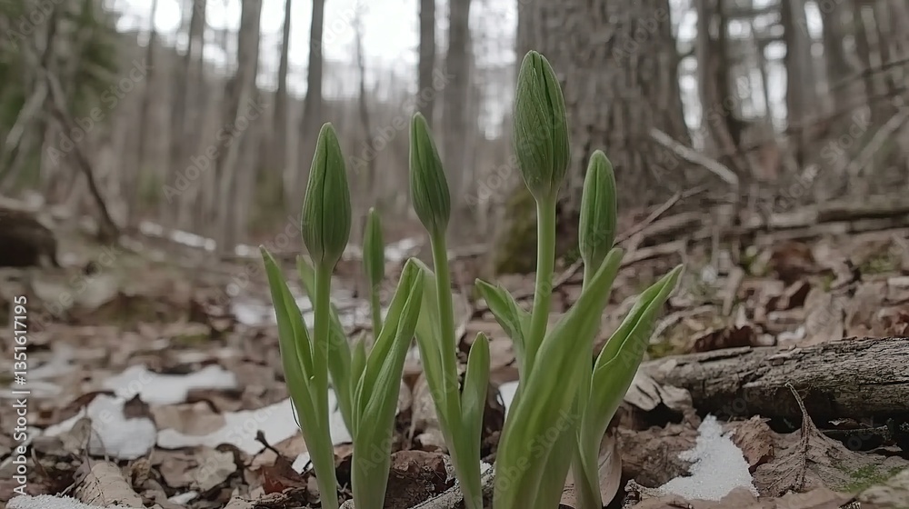 Obraz premium Spring tulips emerging, forest floor, snow, nature