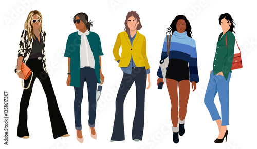 Modern women collection. Vector realistic illustration of diverse multinational cartoon girls in casual street fashion autumn outfit, knitted vintage clothes. Isolated on white background