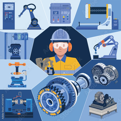 2d vector illustration colorful machine , worker and Industry and its development technology, factories and production lines icon
