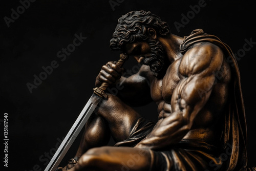 Bronze statue of seated muscular warrior resting on sword in deep contemplation and heroic silence
