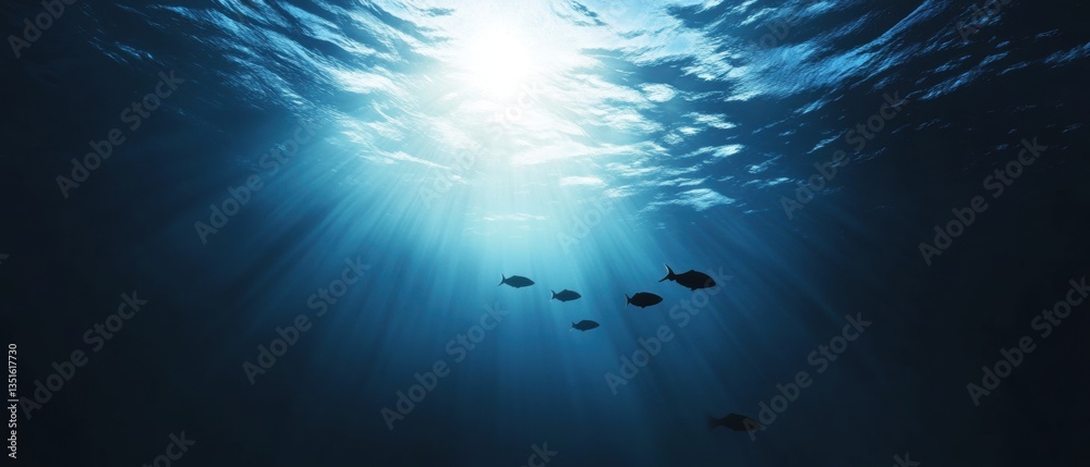 Fototapeta premium Underwater Scene with Sunlight Rays Illuminating Fish Swimming in Deep Blue Ocean Water