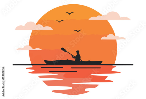 Sunset Kayaking Adventure, very simple design, white background, vector illustration, Group of adventurers kayaking across calm waters during a breathtaking sunset