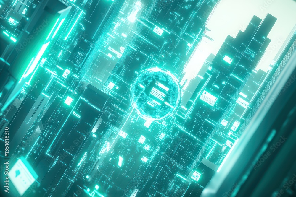 Obraz premium A futuristic city made up of luminous skyscrapers in teal and white hues, interconnected by glowing digital lines