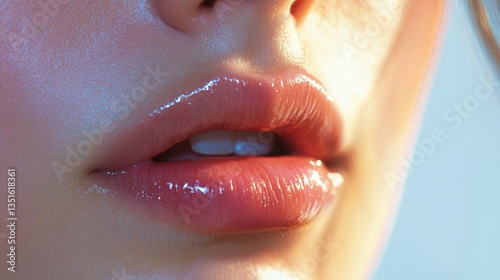 Sensual Lips: A close-up shot capturing the essence of beauty with sensuous lips, glistening under soft light, conveying an aura of allure and fascination.