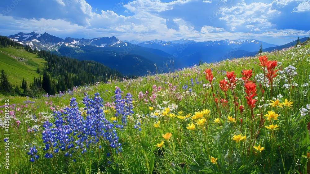 Obraz premium A spring meadow in the mountains with wildflowers in bloom. 